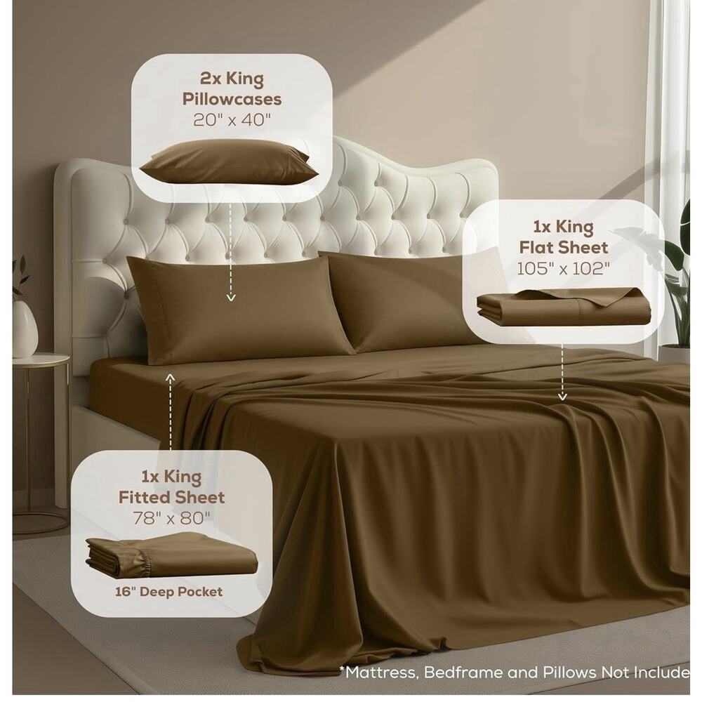 King Sheets Set, 4 Pieces 16" Deep Pocket Hotel Luxury Bed Sheets, Mocha - Picture 2 of 7